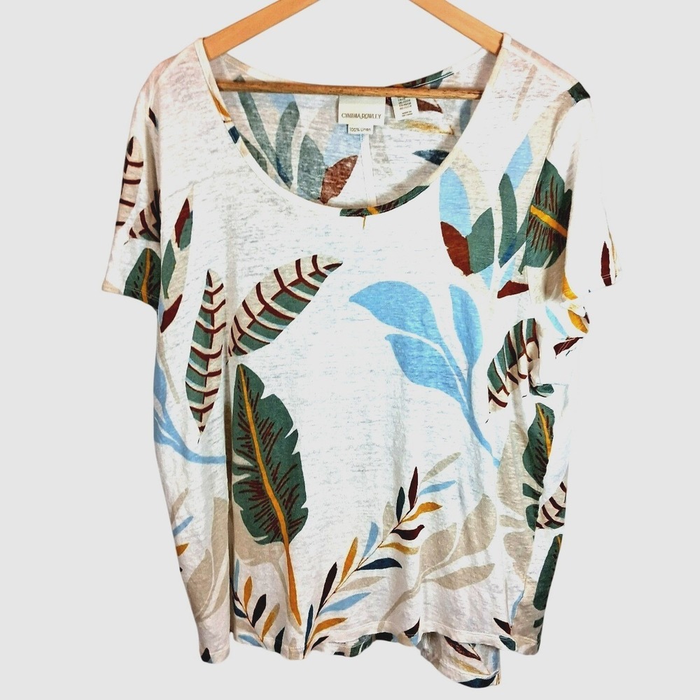 Cynthia Rowley 100% Linen Tropical Floral T-Shirt Womens Plus Size 2X Resort - Picture 2 of 10